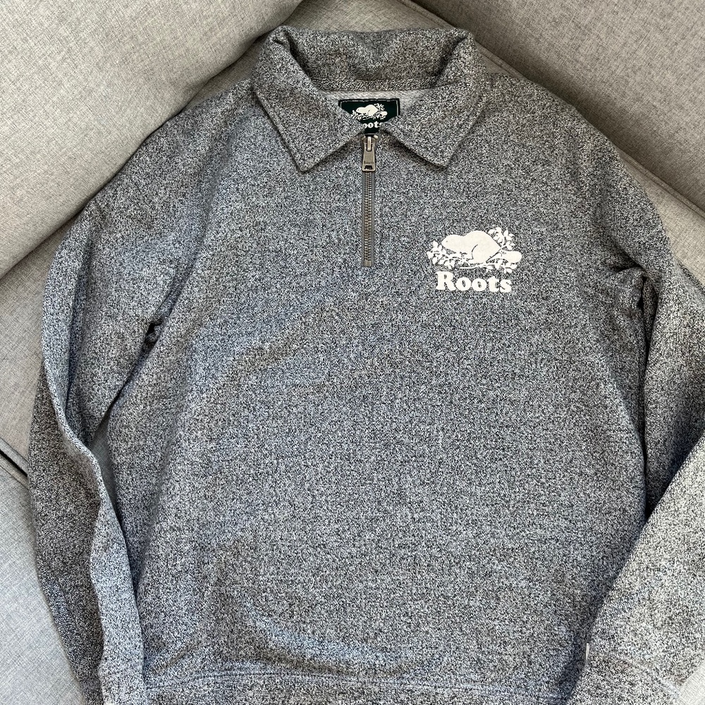 Roots Original Zip Polo in Salt & Pepper in size XS
